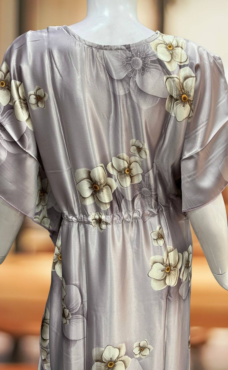 Light Lavender Floral Satin Kaftan .Soft Silky Satin | Laces and Frills - Laces and Frills