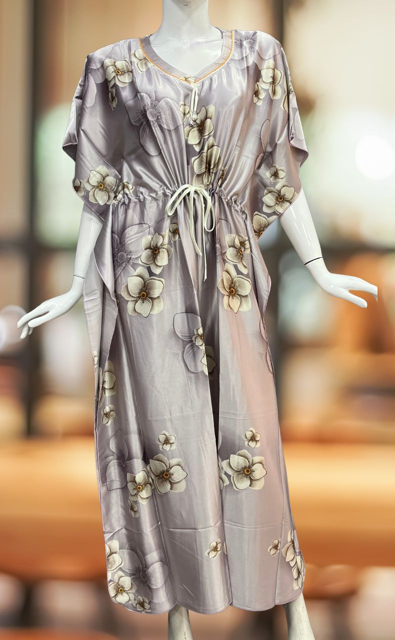 Light Lavender Floral Satin Kaftan .Soft Silky Satin | Laces and Frills - Laces and Frills