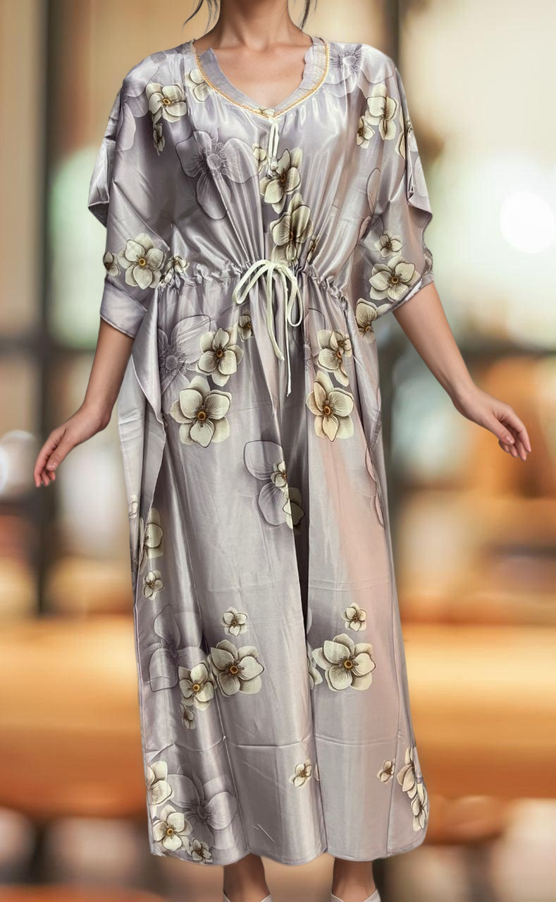 Light Lavender Floral Satin Kaftan .Soft Silky Satin | Laces and Frills - Laces and Frills