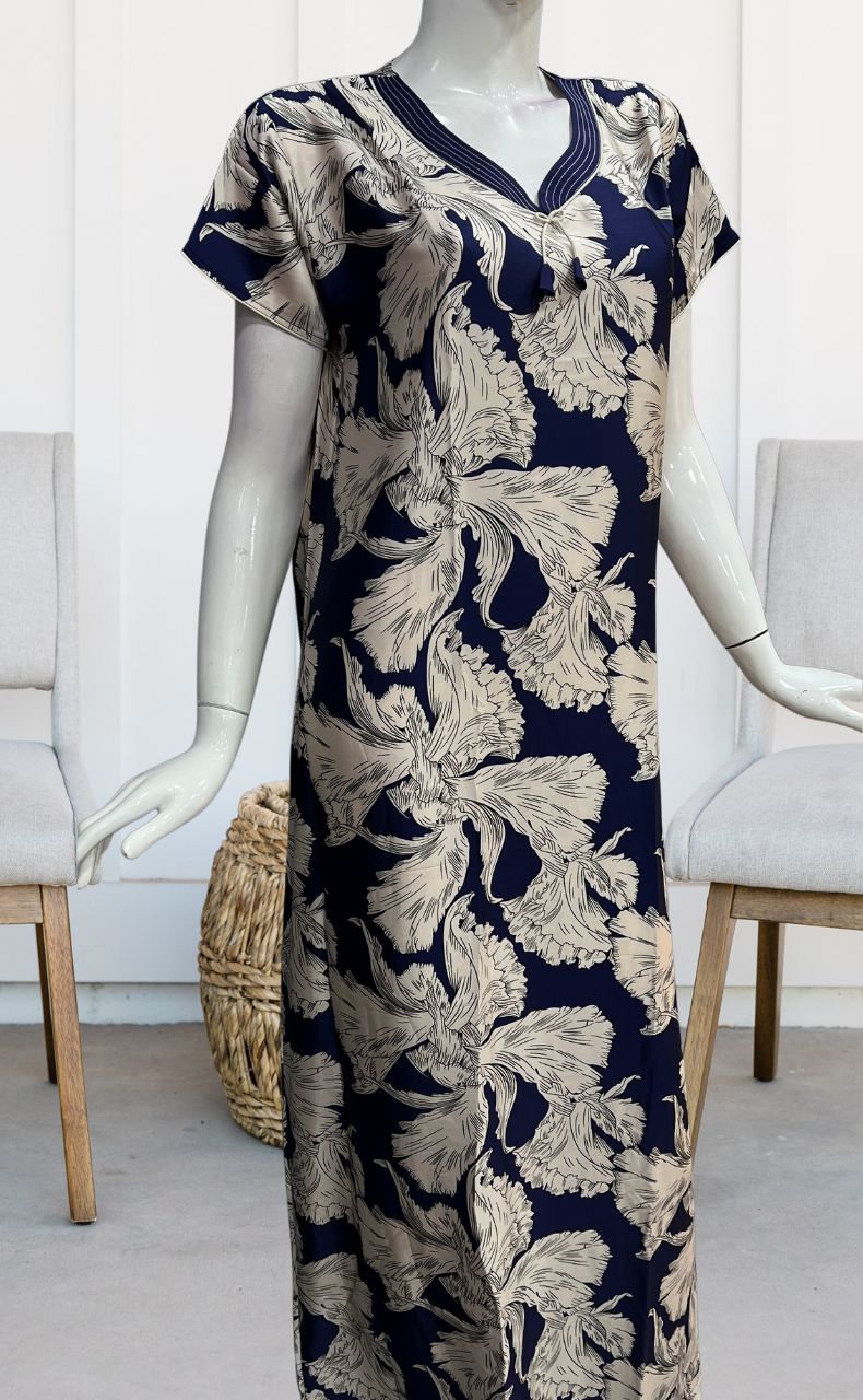 Blue Floral Satin Nighty. Smooth Satin | Laces and Frills - Laces and Frills