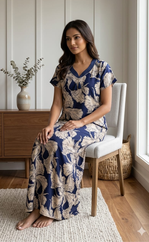 Blue Floral Satin Nighty. Smooth Satin | Laces and Frills - Laces and Frills