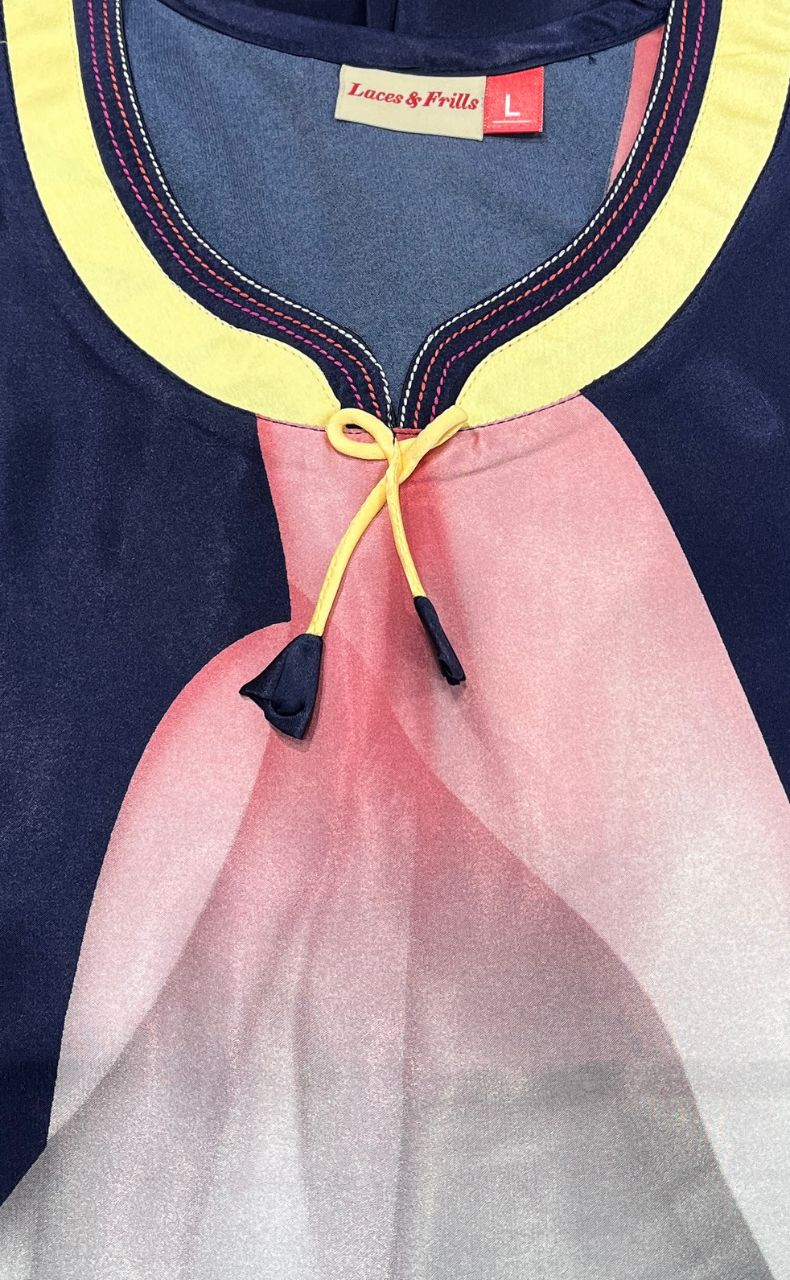 Navy Blue/Peach Floral Satin Nighty. Smooth Satin | Laces and Frills - Laces and Frills