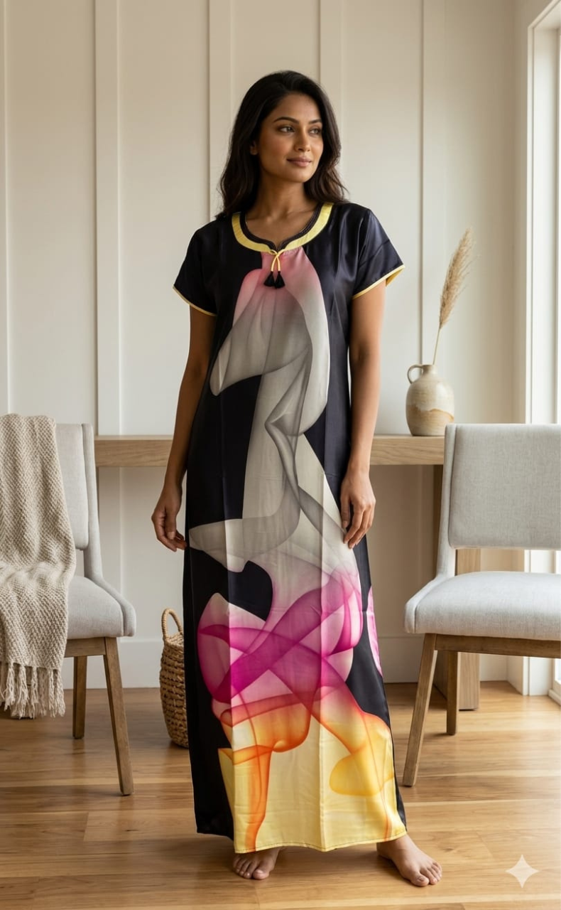 Navy Blue/Peach Floral Satin Nighty. Smooth Satin | Laces and Frills