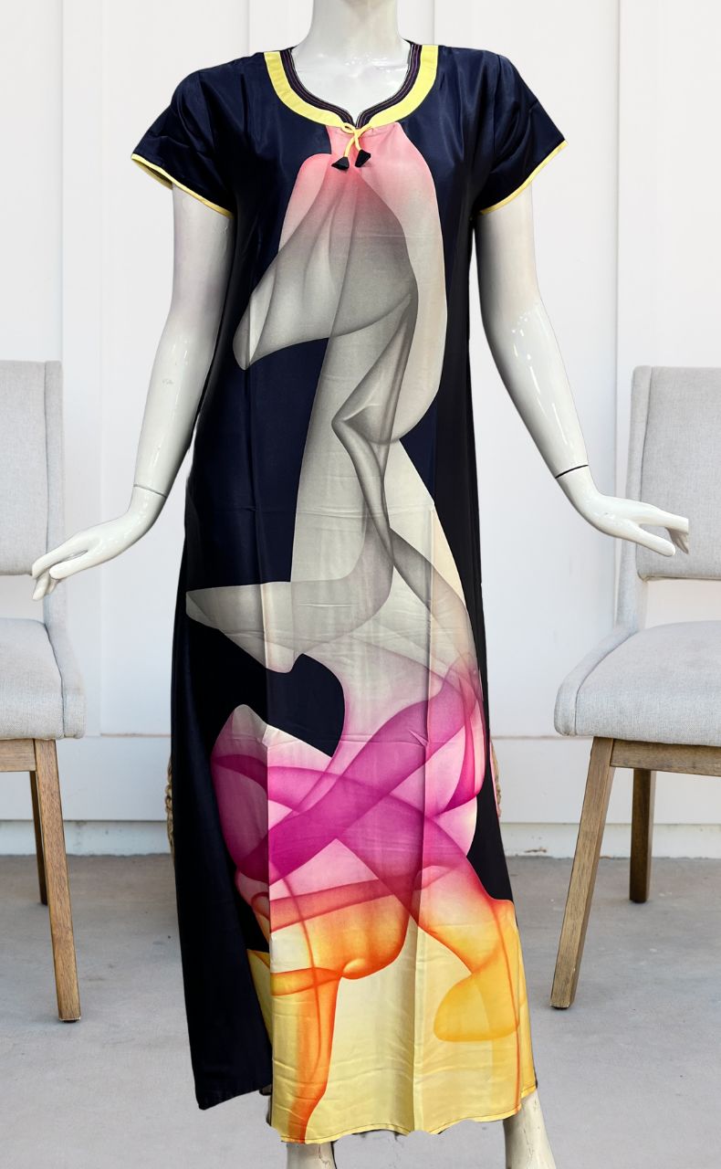 Navy Blue/Peach Floral Satin Nighty. Smooth Satin | Laces and Frills - Laces and Frills