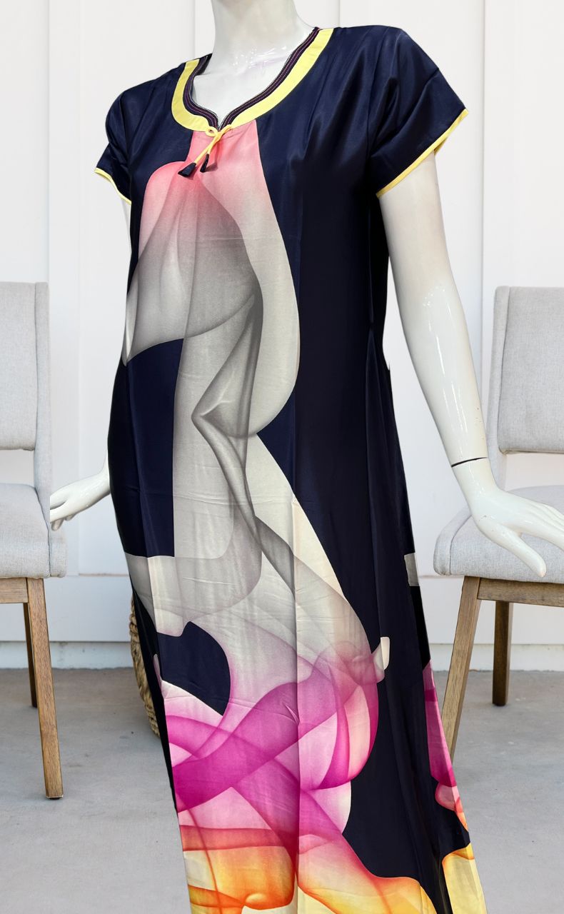 Navy Blue/Peach Floral Satin Nighty. Smooth Satin | Laces and Frills - Laces and Frills