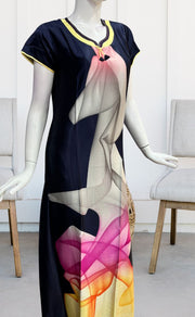 Navy Blue/Peach Floral Satin Nighty. Smooth Satin | Laces and Frills - Laces and Frills