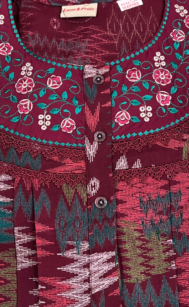 Maroon Abstract Spun Long Sleeves Nighty. Flowy Spun Fabric | Laces and Frills