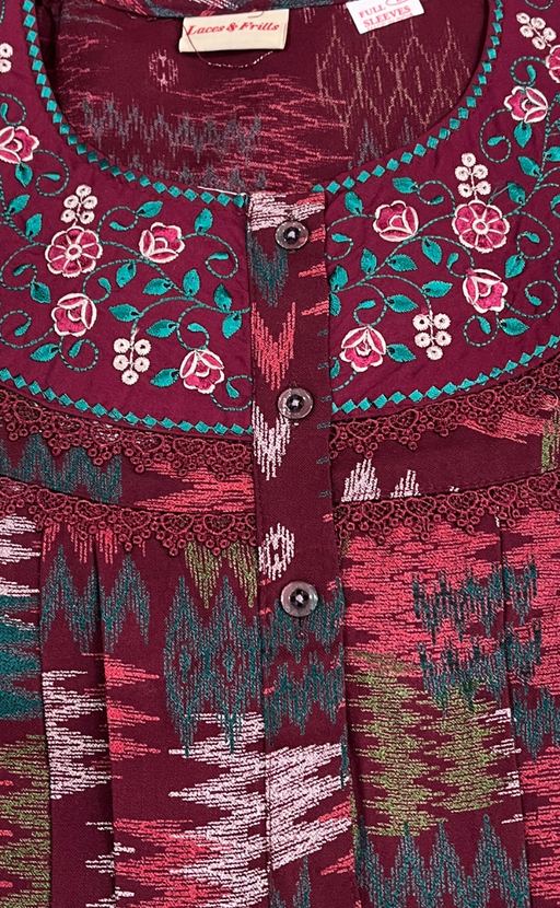 Maroon Abstract Spun Long Sleeves Nighty. Flowy Spun Fabric | Laces and Frills