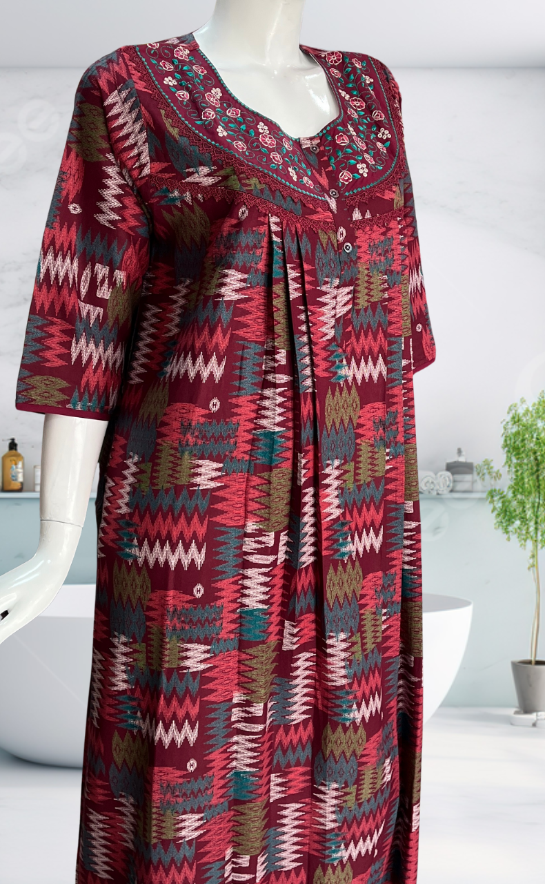 Maroon Abstract Spun Long Sleeves Nighty. Flowy Spun Fabric | Laces and Frills