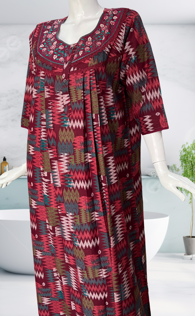 Maroon Abstract Spun Long Sleeves Nighty. Flowy Spun Fabric | Laces and Frills