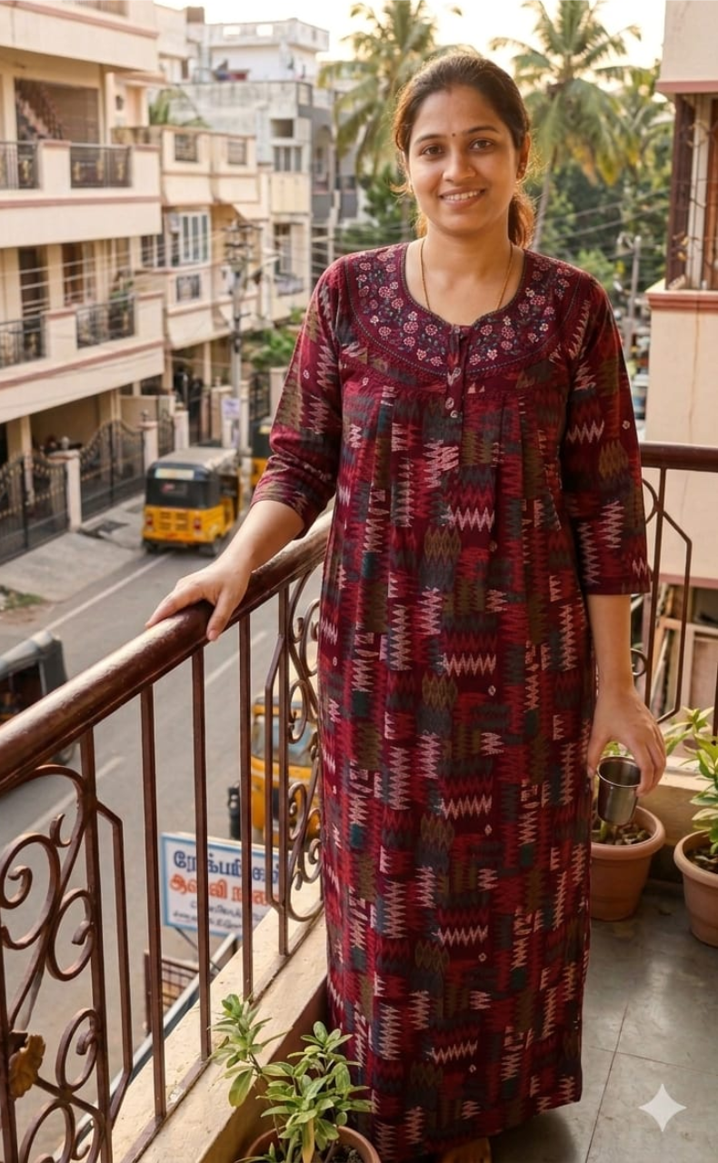 Maroon Abstract Spun Long Sleeves Nighty. Flowy Spun Fabric | Laces and Frills - Laces and Frills