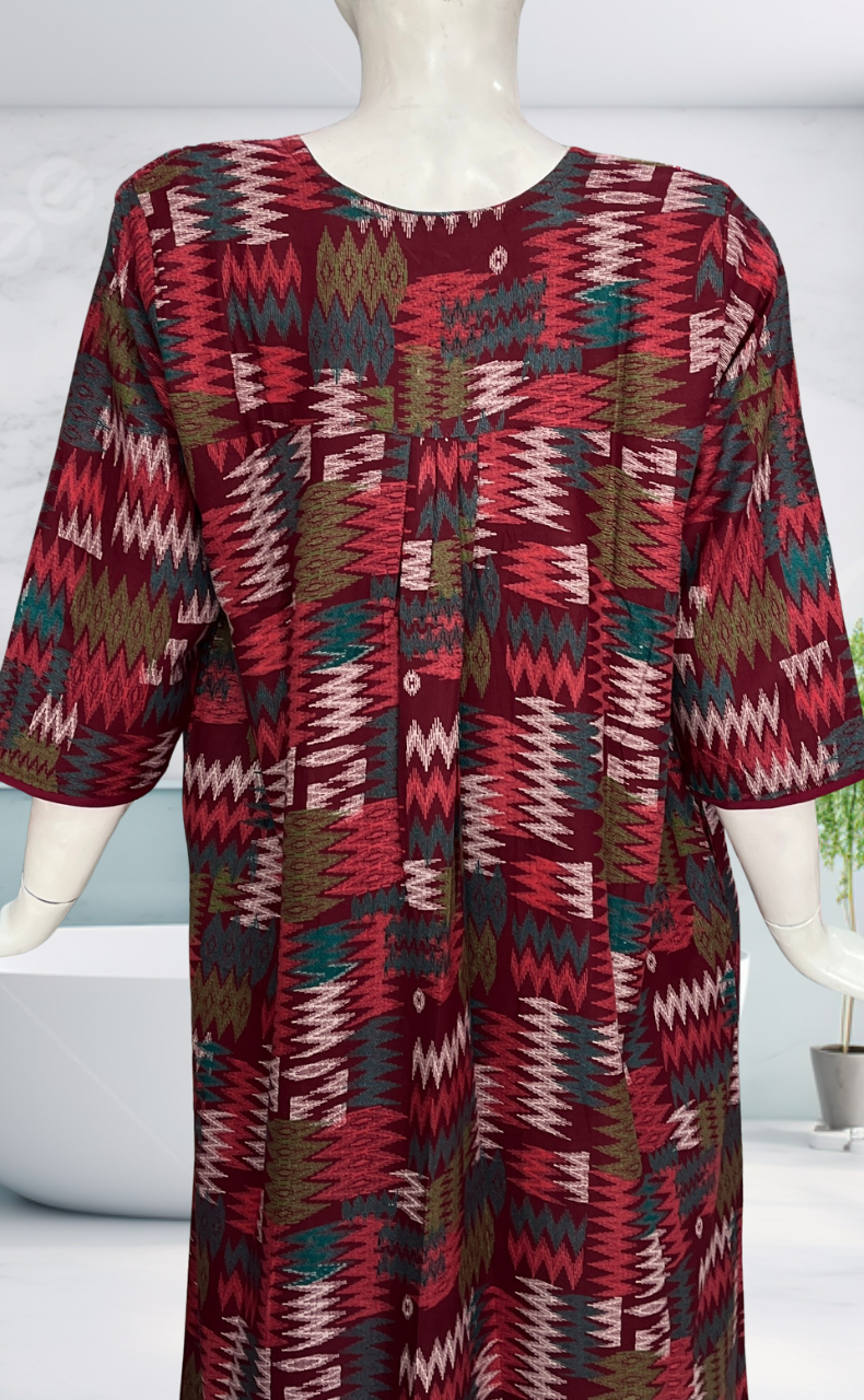 Maroon Abstract Spun Long Sleeves Nighty. Flowy Spun Fabric | Laces and Frills