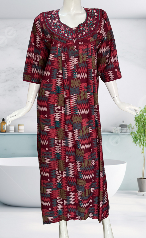 Maroon Abstract Spun Long Sleeves Nighty. Flowy Spun Fabric | Laces and Frills