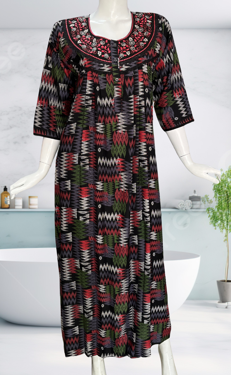 Black Abstract Spun Long Sleeves Nighty. Flowy Spun Fabric | Laces and Frills