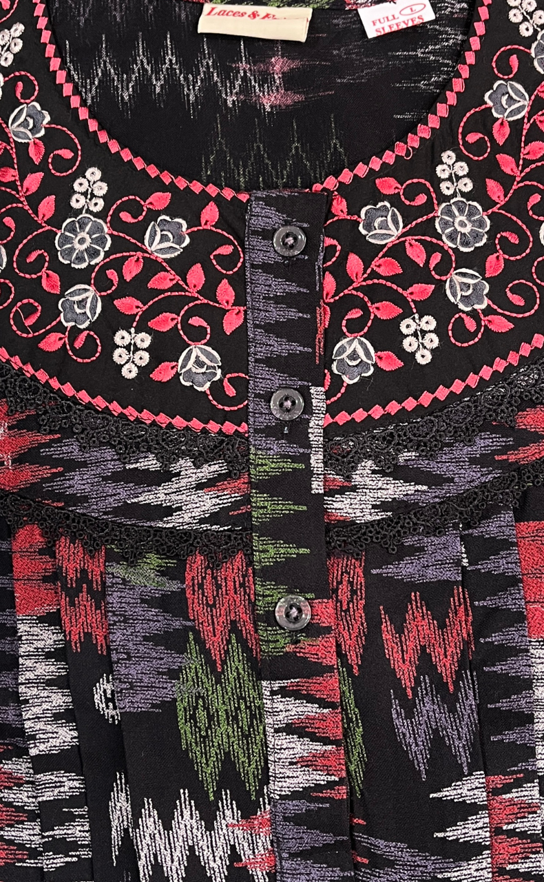 Black Abstract Spun Long Sleeves Nighty. Flowy Spun Fabric | Laces and Frills