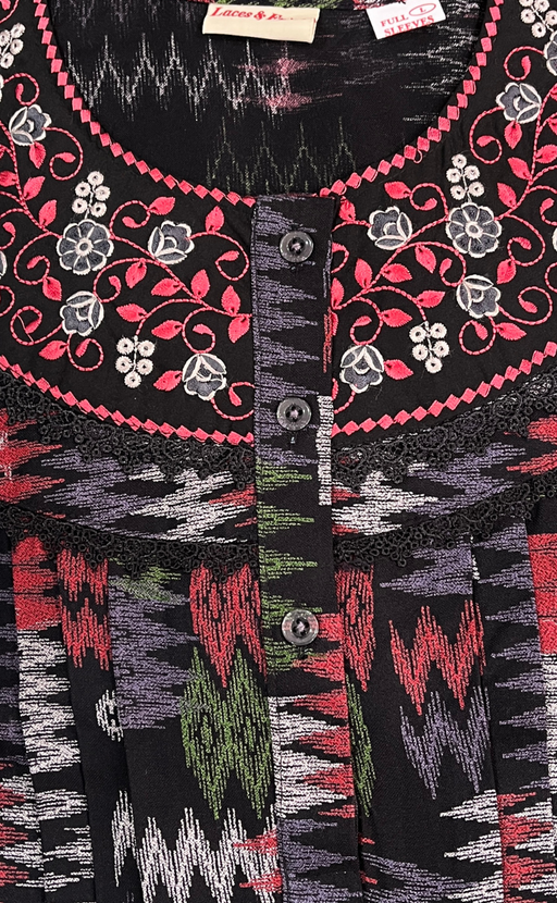 Black Abstract Spun Long Sleeves Nighty. Flowy Spun Fabric | Laces and Frills