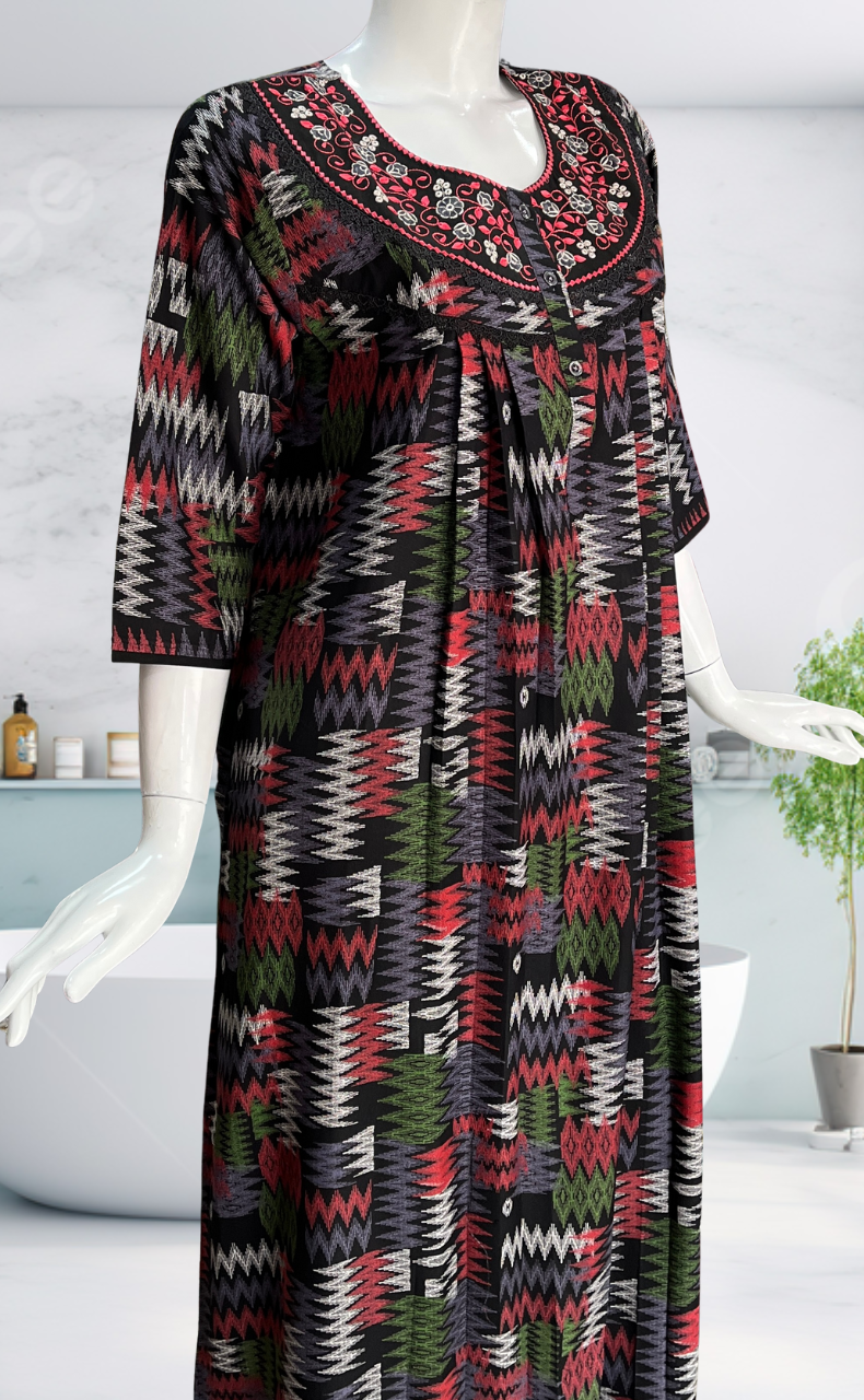 Black Abstract Spun Long Sleeves Nighty. Flowy Spun Fabric | Laces and Frills