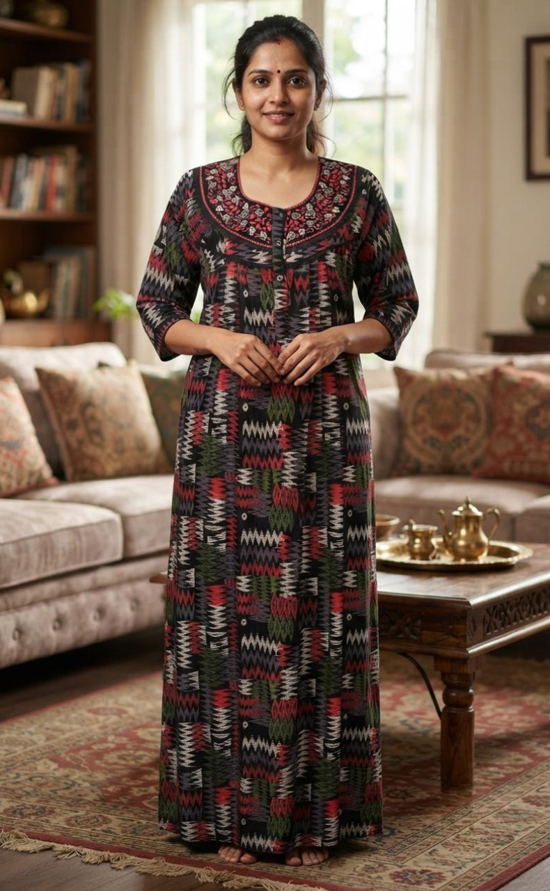 Black Abstract Spun Long Sleeves Nighty. Flowy Spun Fabric | Laces and Frills