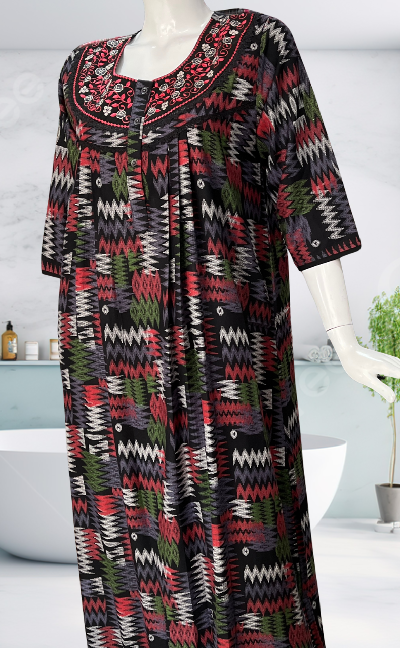 Black Abstract Spun Long Sleeves Nighty. Flowy Spun Fabric | Laces and Frills