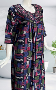 Navy Blue Abstract Spun Long Sleeves Nighty. Flowy Spun Fabric | Laces and Frills