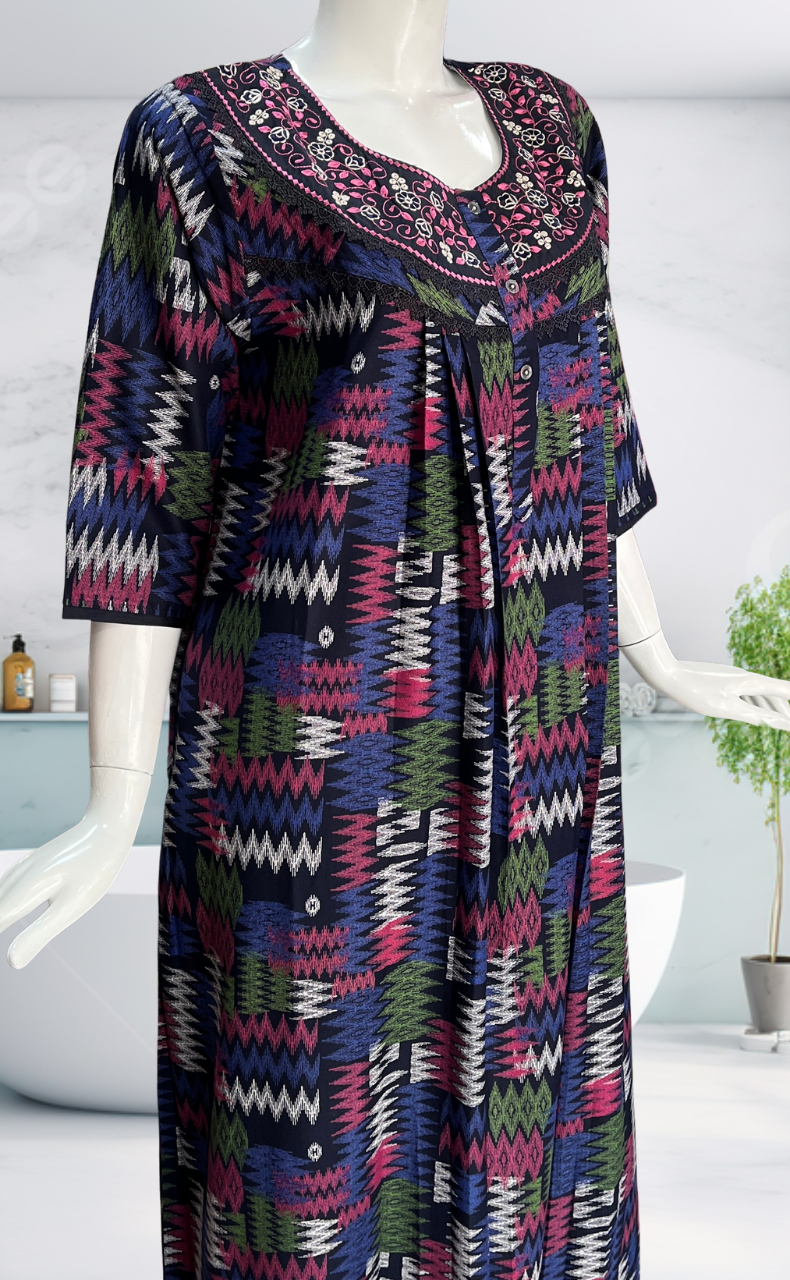 Navy Blue Abstract Spun Long Sleeves Nighty. Flowy Spun Fabric | Laces and Frills