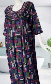 Navy Blue Abstract Spun Long Sleeves Nighty. Flowy Spun Fabric | Laces and Frills