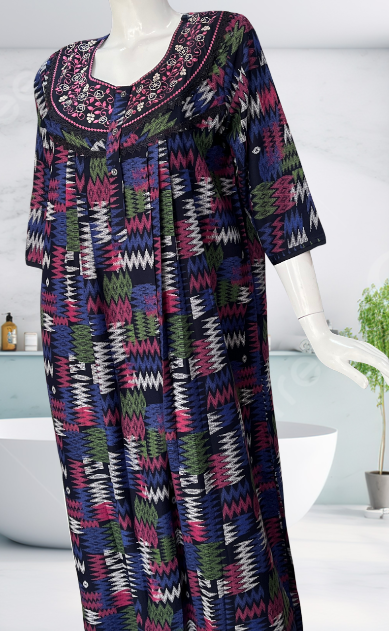 Navy Blue Abstract Spun Long Sleeves Nighty. Flowy Spun Fabric | Laces and Frills