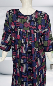 Navy Blue Abstract Spun Long Sleeves Nighty. Flowy Spun Fabric | Laces and Frills