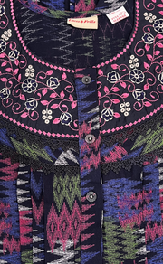 Navy Blue Abstract Spun Long Sleeves Nighty. Flowy Spun Fabric | Laces and Frills