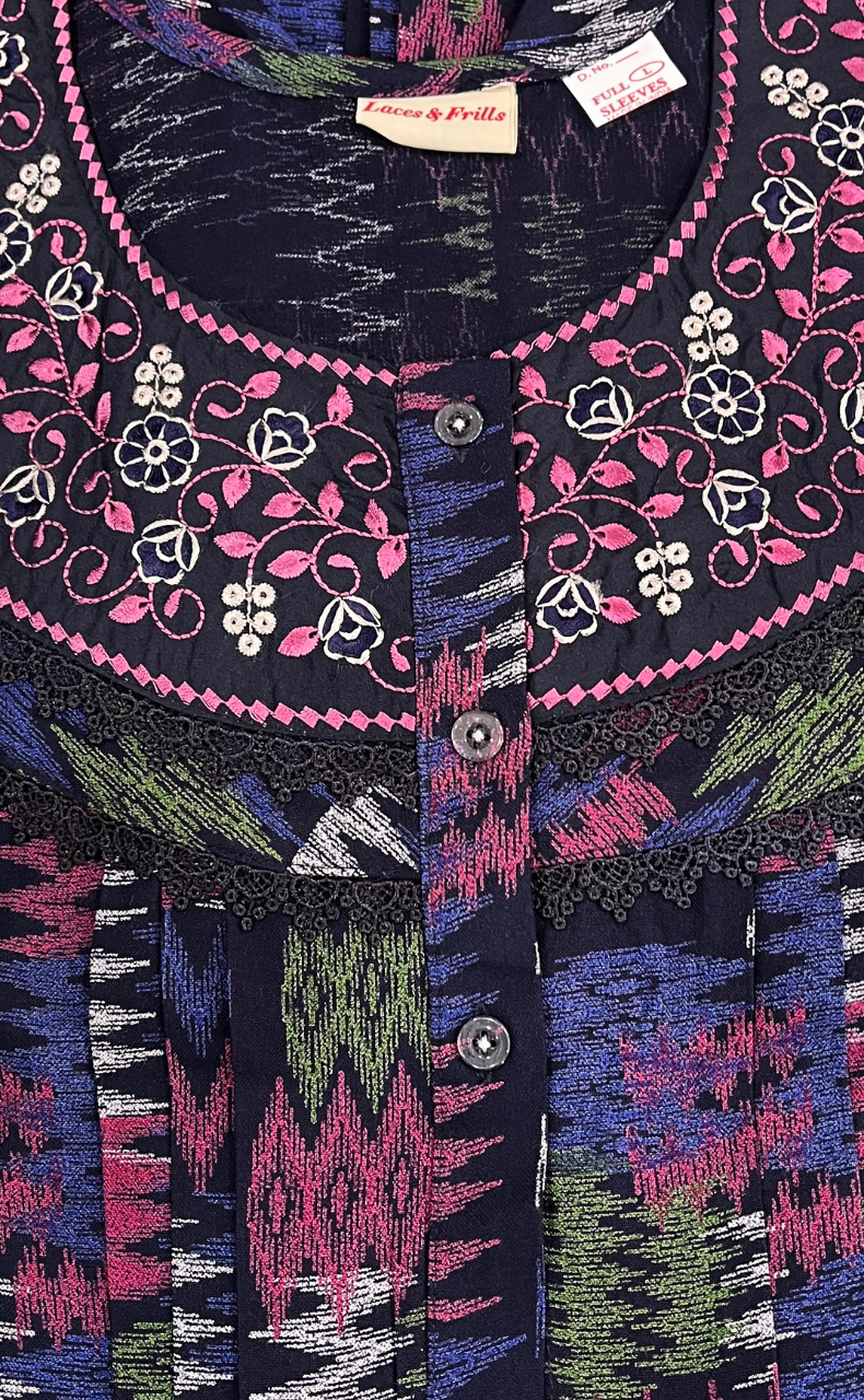 Navy Blue Abstract Spun Long Sleeves Nighty. Flowy Spun Fabric | Laces and Frills