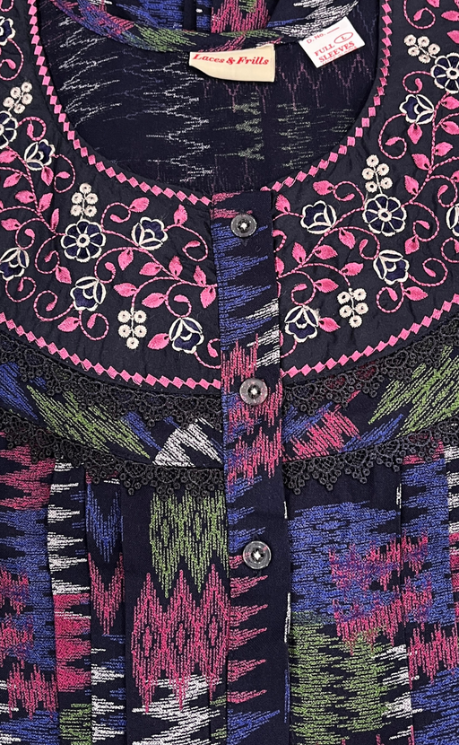 Navy Blue Abstract Spun Long Sleeves Nighty. Flowy Spun Fabric | Laces and Frills