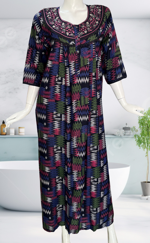 Navy Blue Abstract Spun Long Sleeves Nighty. Flowy Spun Fabric | Laces and Frills