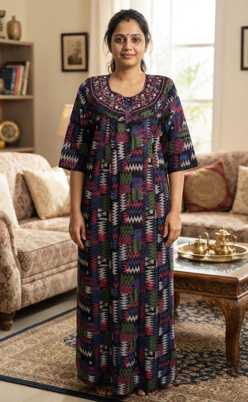 Navy Blue Abstract Spun Long Sleeves Nighty. Flowy Spun Fabric | Laces and Frills