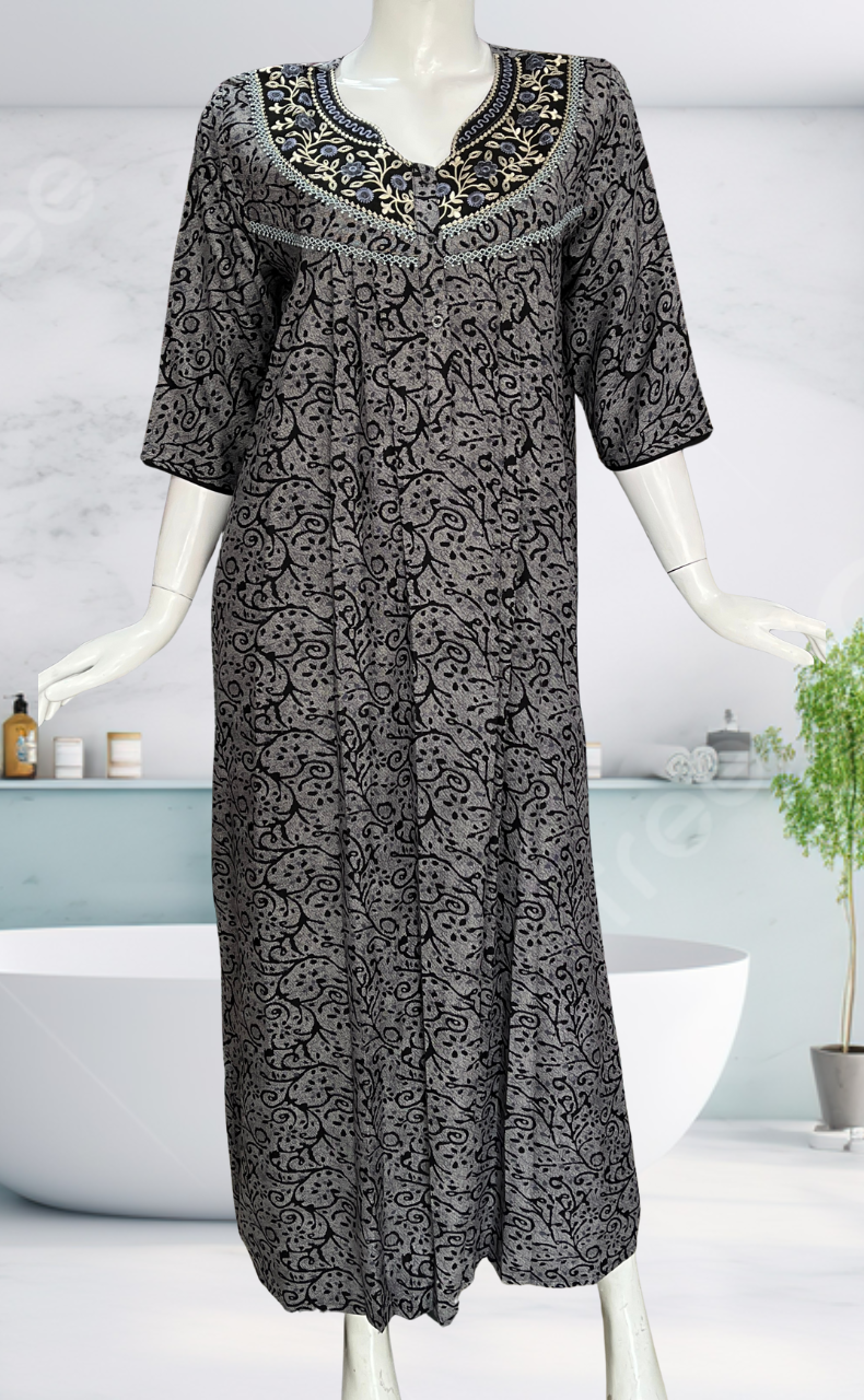 Black Garden Spun Long Sleeves Nighty. Flowy Spun Fabric | Laces and Frills