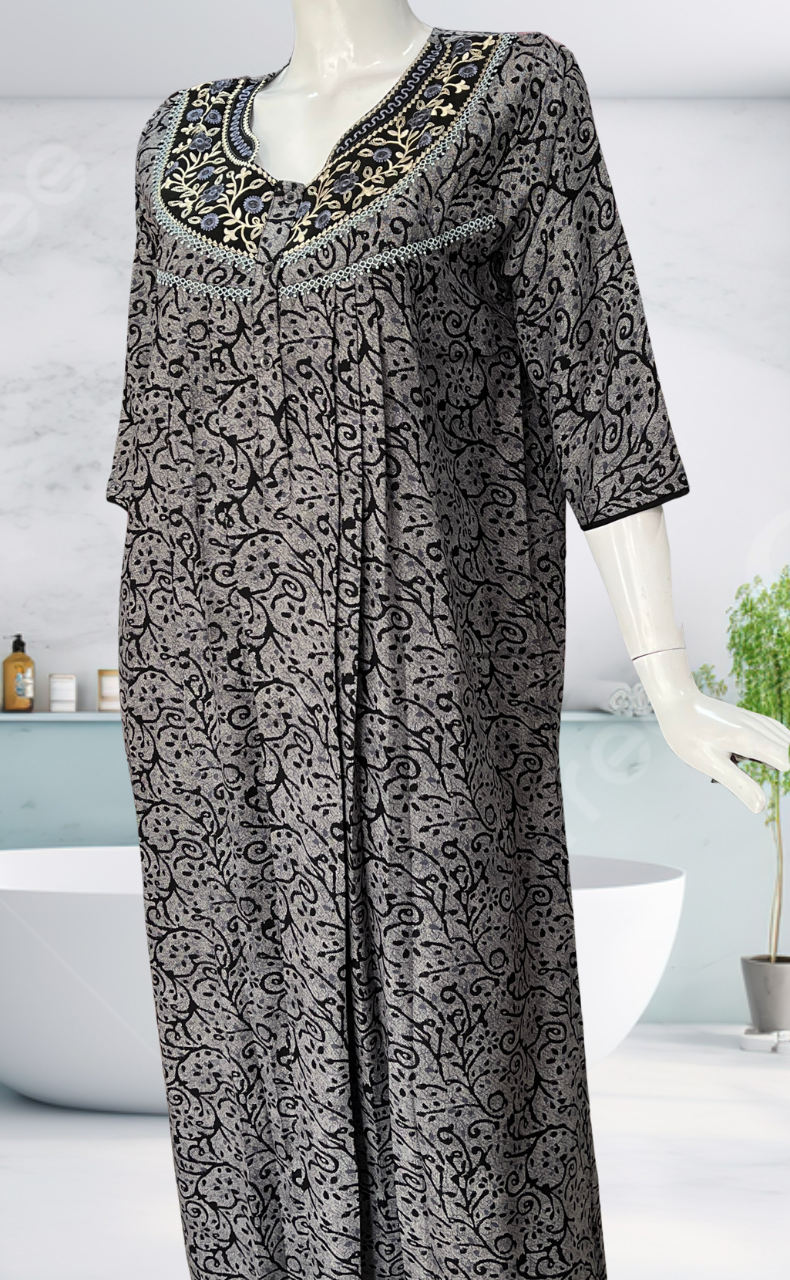 Black Garden Spun Long Sleeves Nighty. Flowy Spun Fabric | Laces and Frills