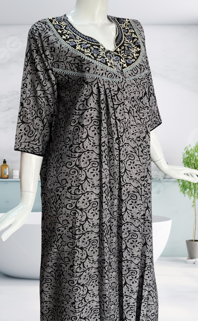 Black Garden Spun Long Sleeves Nighty. Flowy Spun Fabric | Laces and Frills