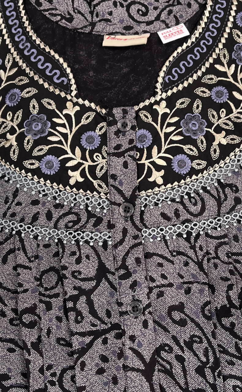 Black Garden Spun Long Sleeves Nighty. Flowy Spun Fabric | Laces and Frills