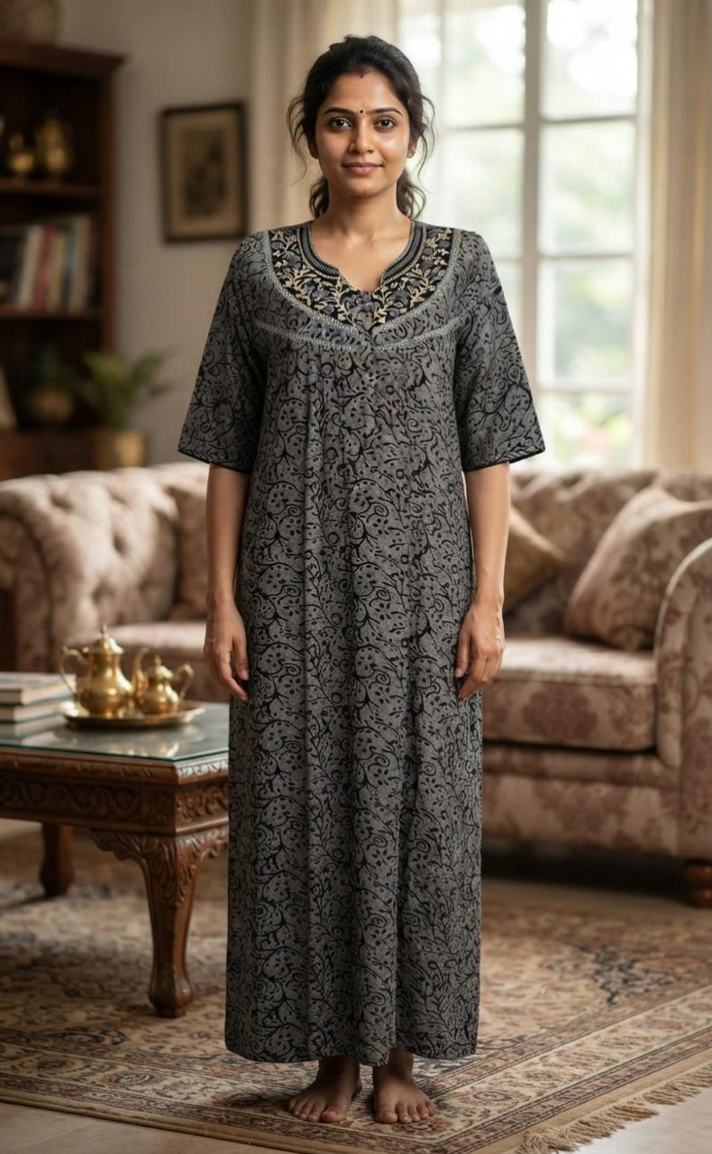 Black Garden Spun Long Sleeves Nighty. Flowy Spun Fabric | Laces and Frills
