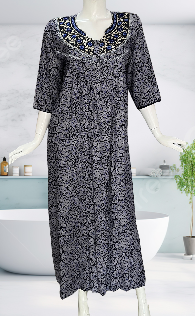 Navy Blue Garden Spun Long Sleeves Nighty. Flowy Spun Fabric | Laces and Frills