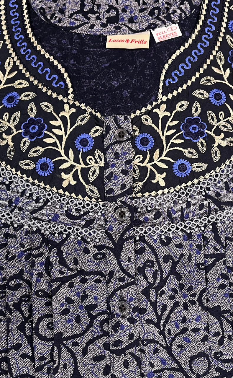 Navy Blue Garden Spun Long Sleeves Nighty. Flowy Spun Fabric | Laces and Frills