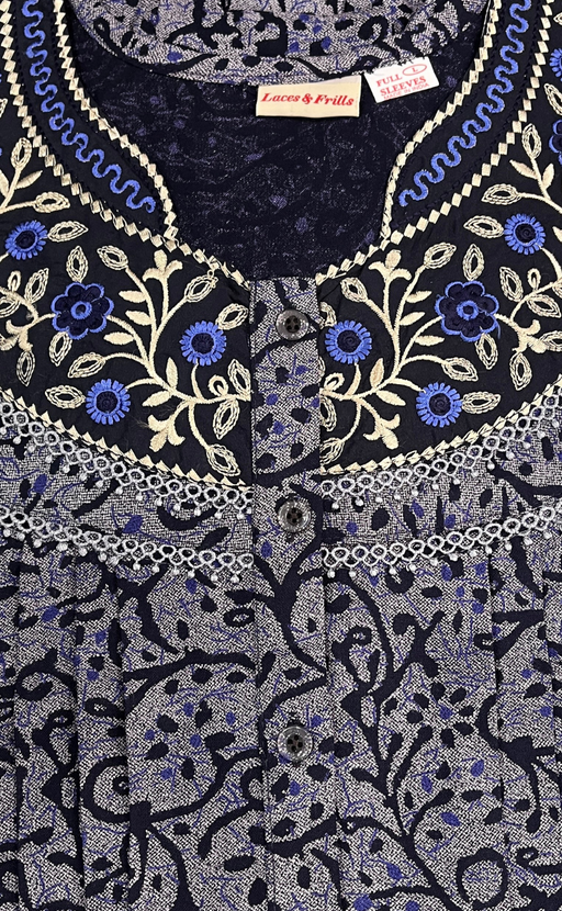 Navy Blue Garden Spun Long Sleeves Nighty. Flowy Spun Fabric | Laces and Frills