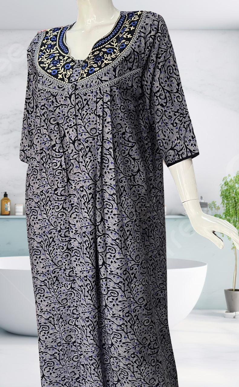 Navy Blue Garden Spun Long Sleeves Nighty. Flowy Spun Fabric | Laces and Frills