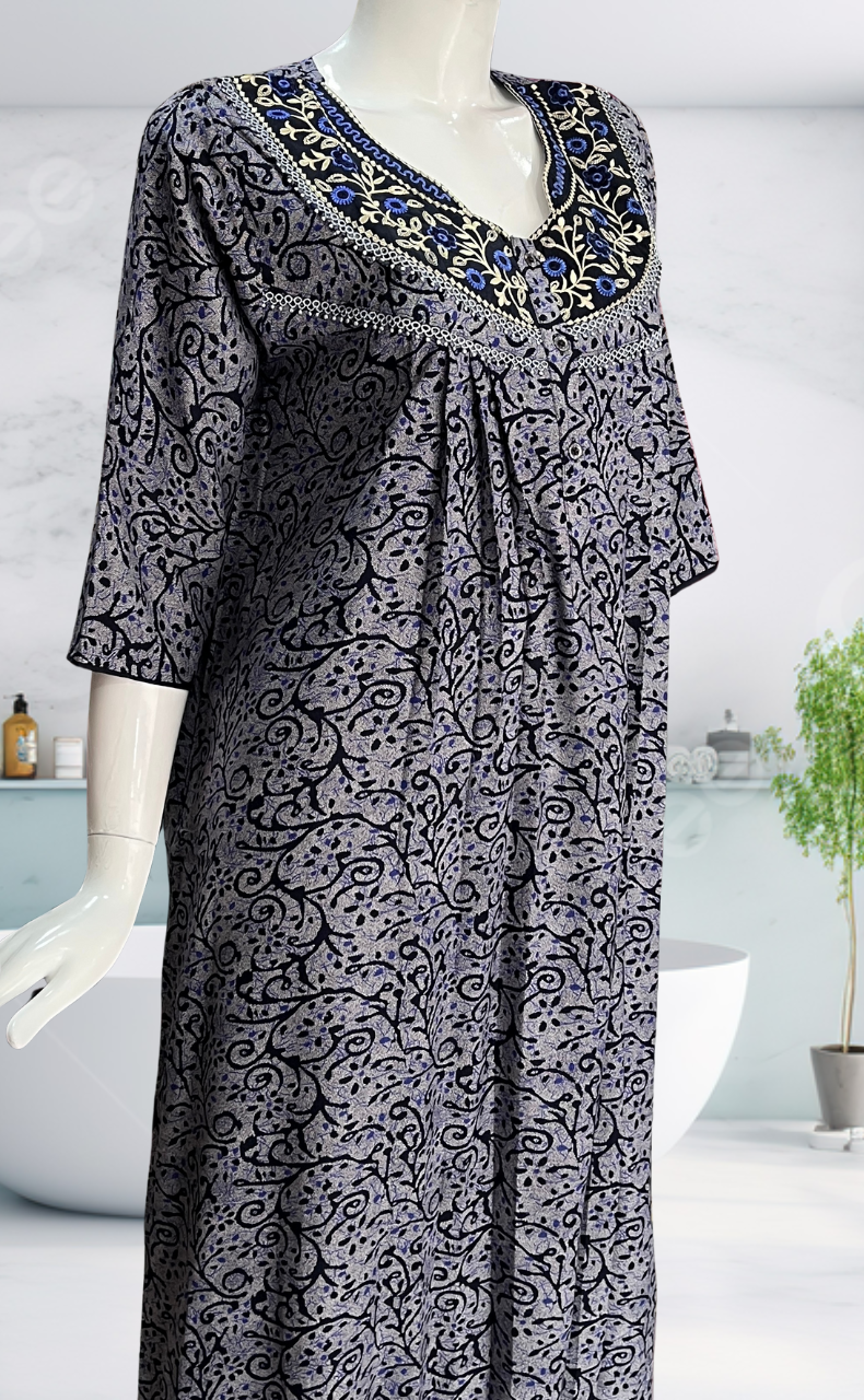 Navy Blue Garden Spun Long Sleeves Nighty. Flowy Spun Fabric | Laces and Frills