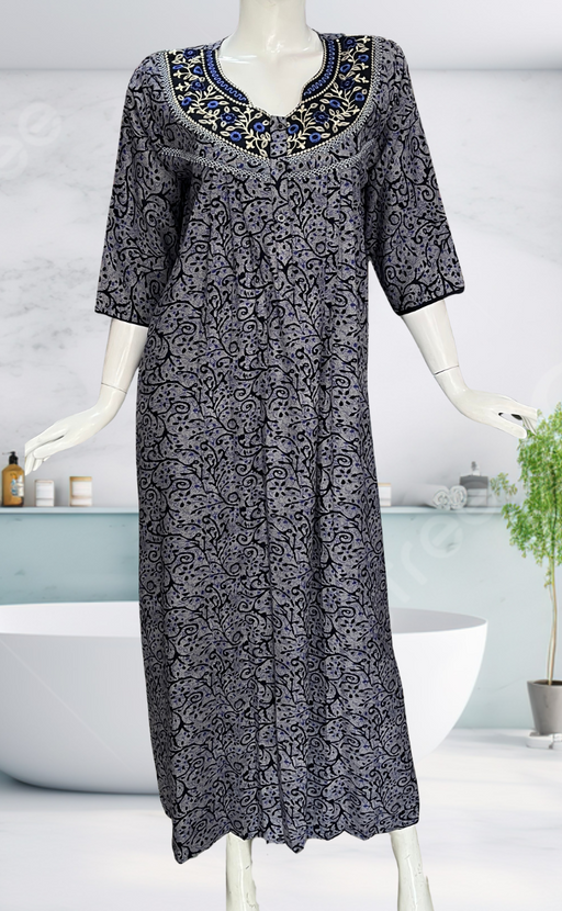 Navy Blue Garden Spun Long Sleeves Nighty. Flowy Spun Fabric | Laces and Frills