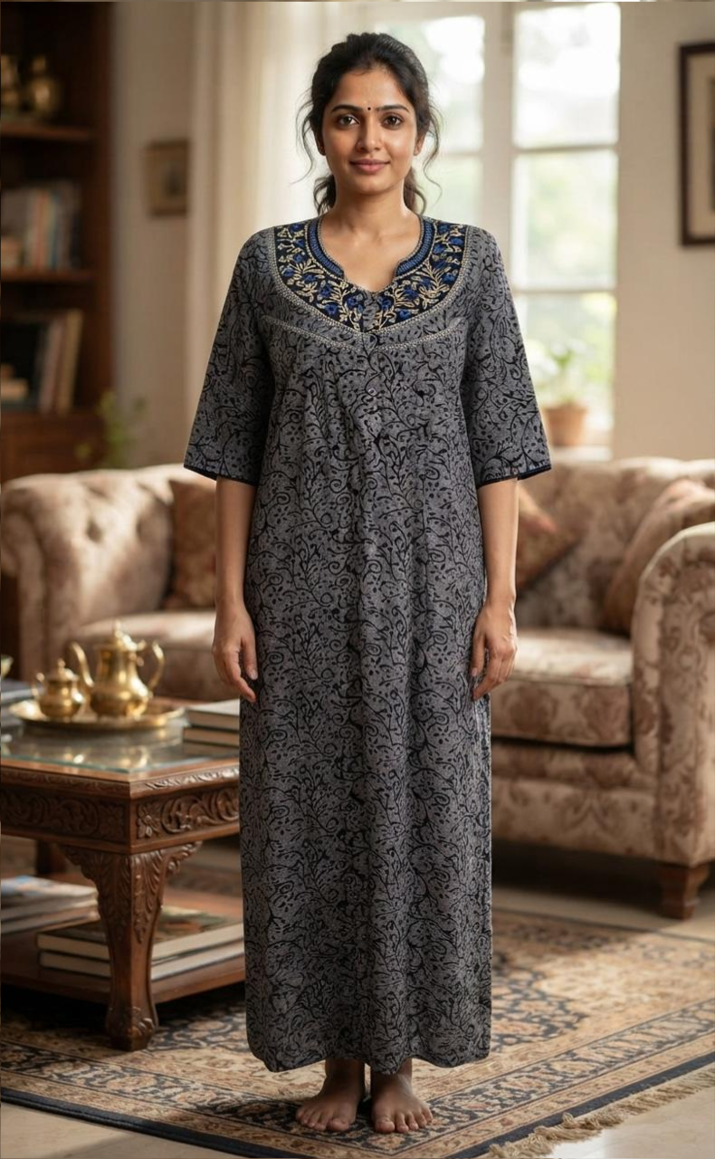 Navy Blue Garden Spun Long Sleeves Nighty. Flowy Spun Fabric | Laces and Frills