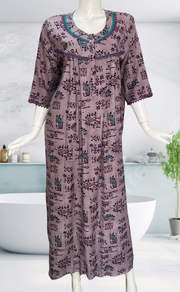 Purple Abstract Spun Long Sleeves Nighty. Flowy Spun Fabric | Laces and Frills