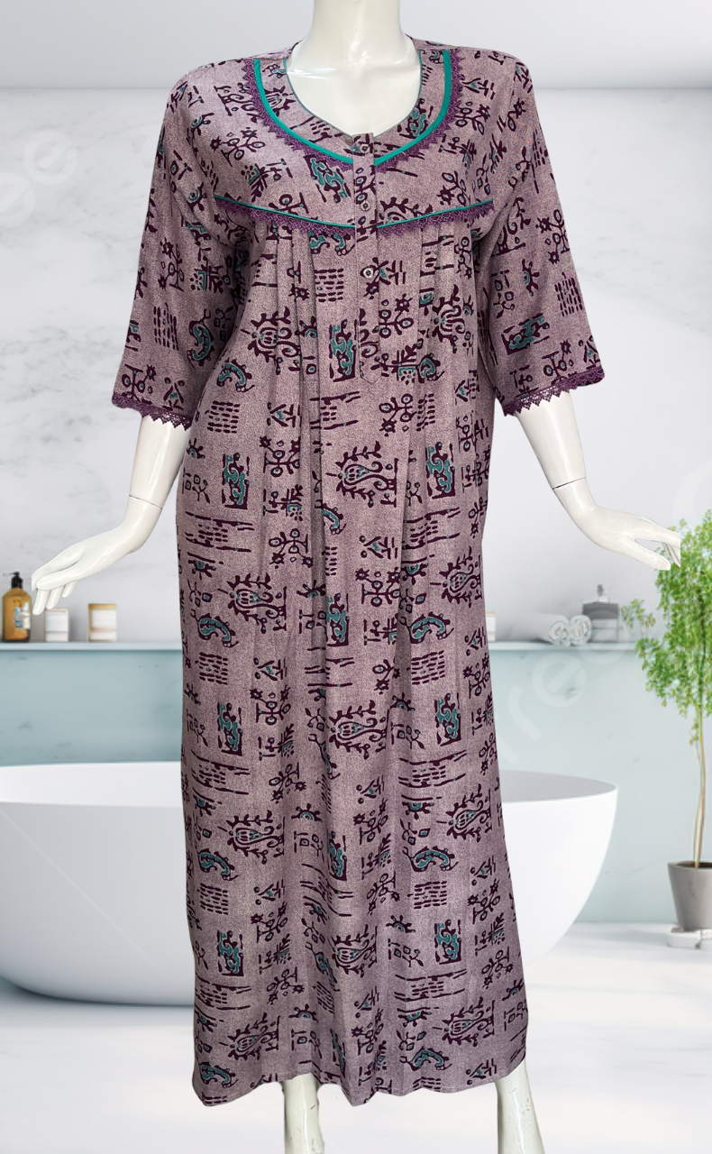 Purple Abstract Spun Long Sleeves Nighty. Flowy Spun Fabric | Laces and Frills
