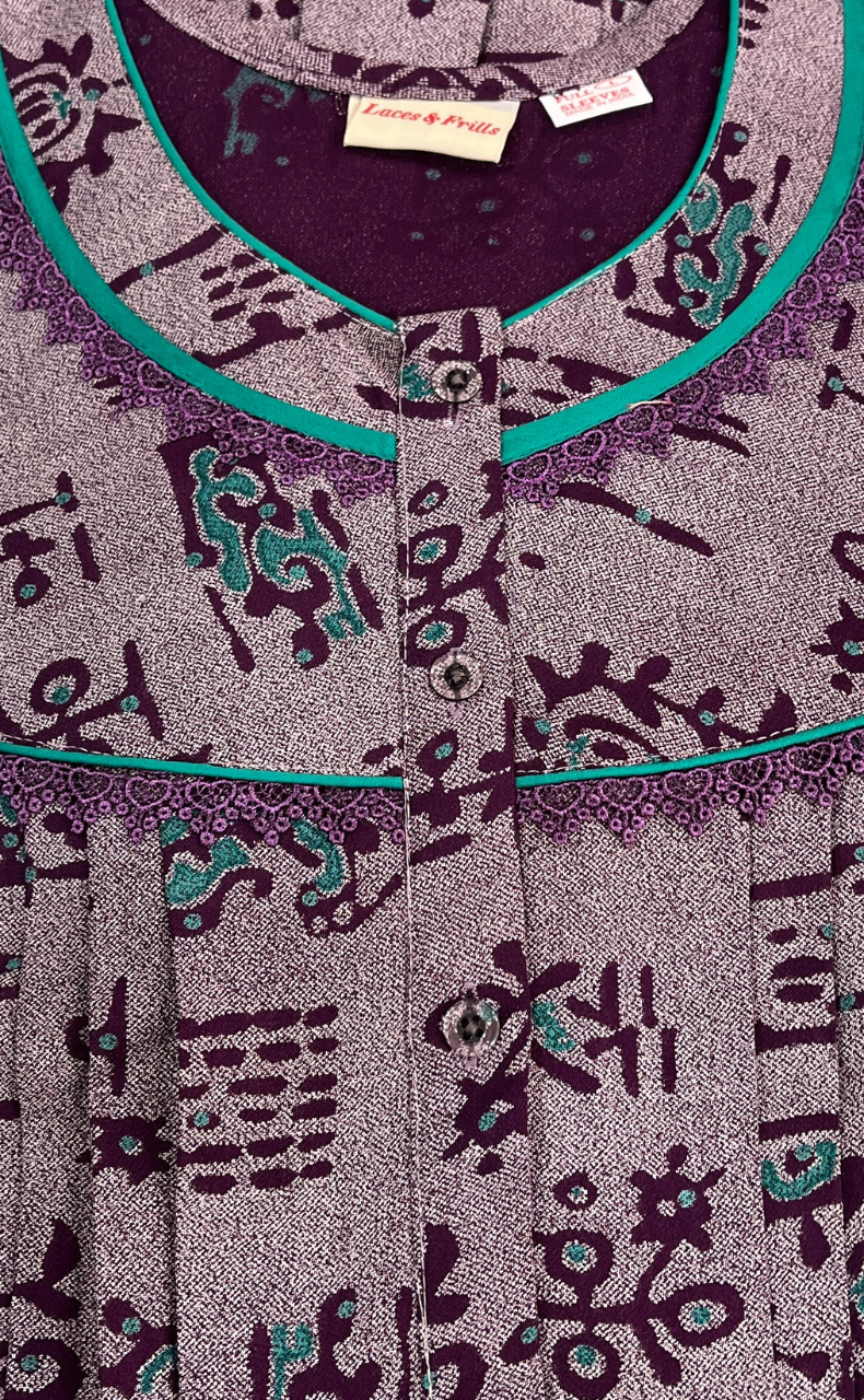 Purple Abstract Spun Long Sleeves Nighty. Flowy Spun Fabric | Laces and Frills