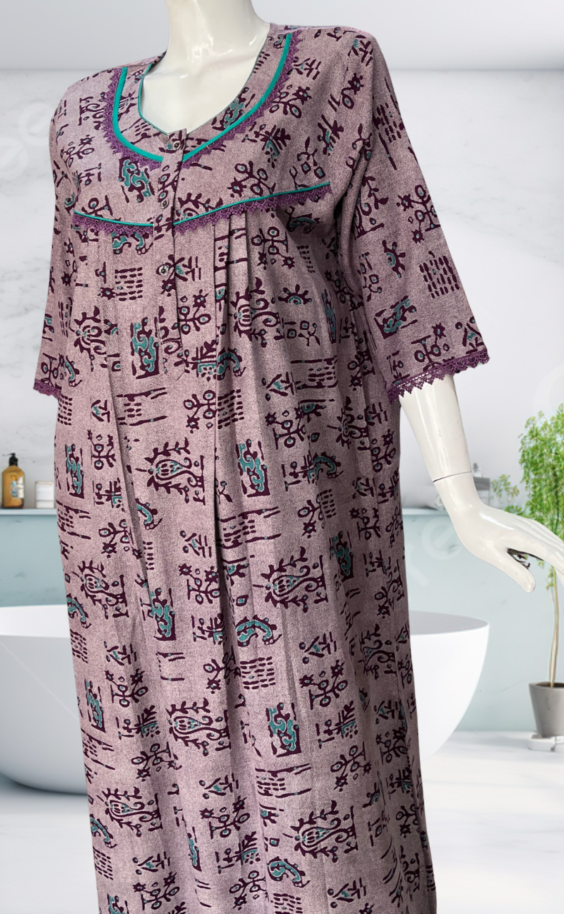 Purple Abstract Spun Long Sleeves Nighty. Flowy Spun Fabric | Laces and Frills