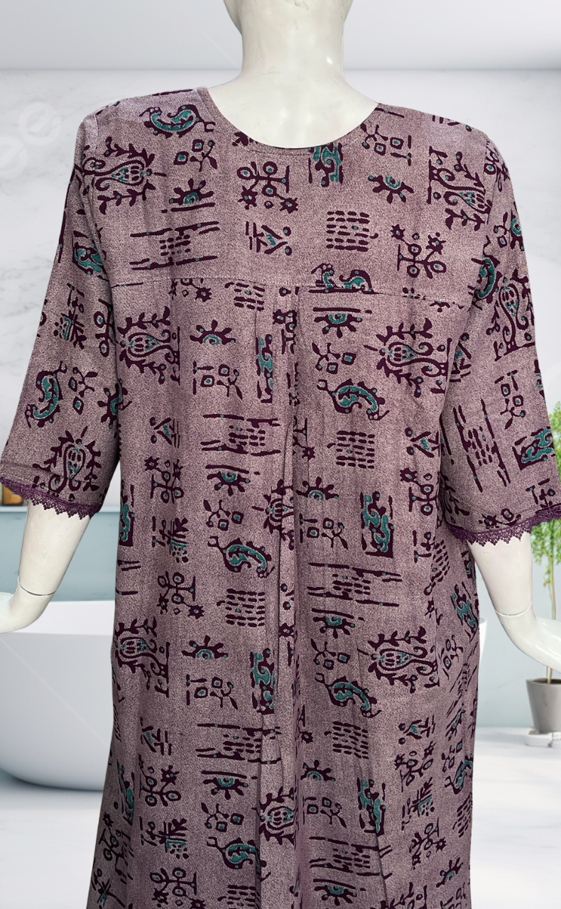 Purple Abstract Spun Long Sleeves Nighty. Flowy Spun Fabric | Laces and Frills